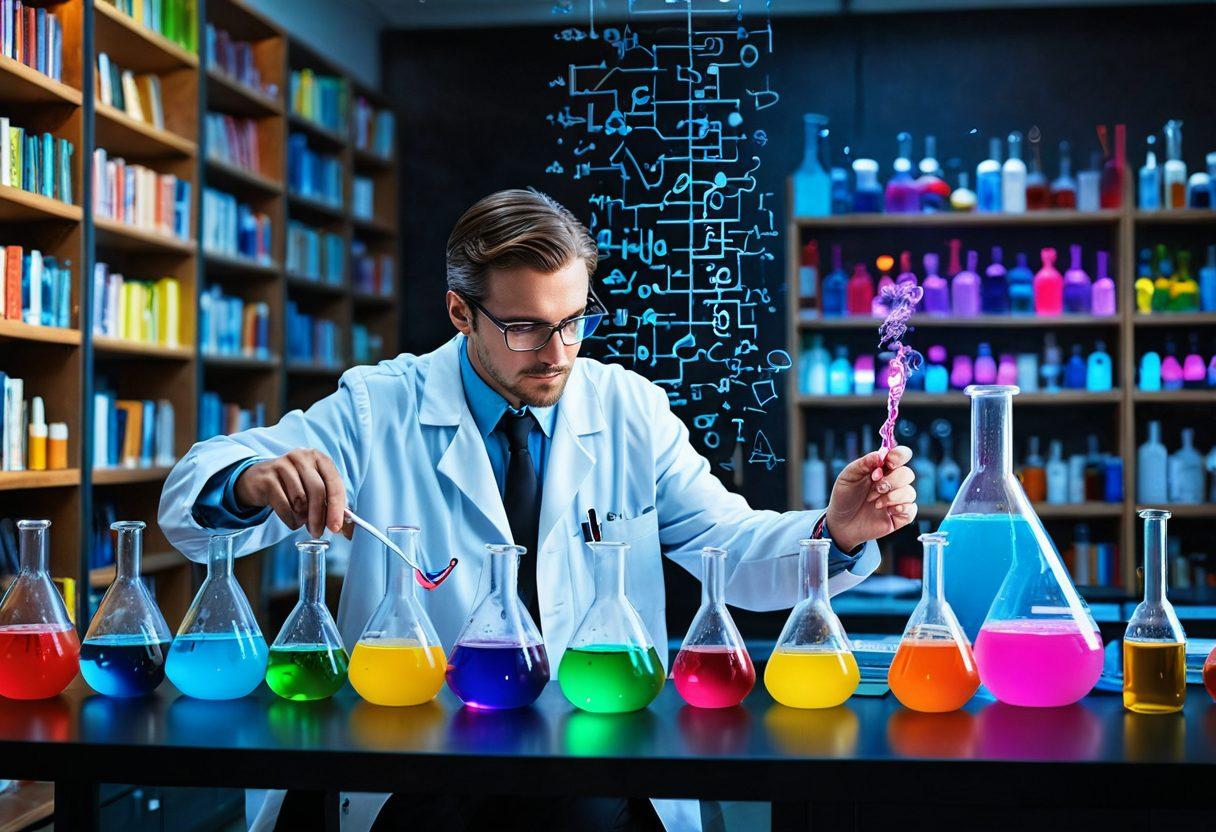 A dynamic scene showcasing a scientist in a lab coat, meticulously working with colorful chemical liquids in beakers, with vibrant neon formulas and mathematical equations swirling in the air around them. The background features shelves filled with books on functional formulation, emphasizing a sense of knowledge and focus. Soft light filters in from the lab windows, creating a warm, inspiring atmosphere. super-realistic. vibrant colors. 3D.