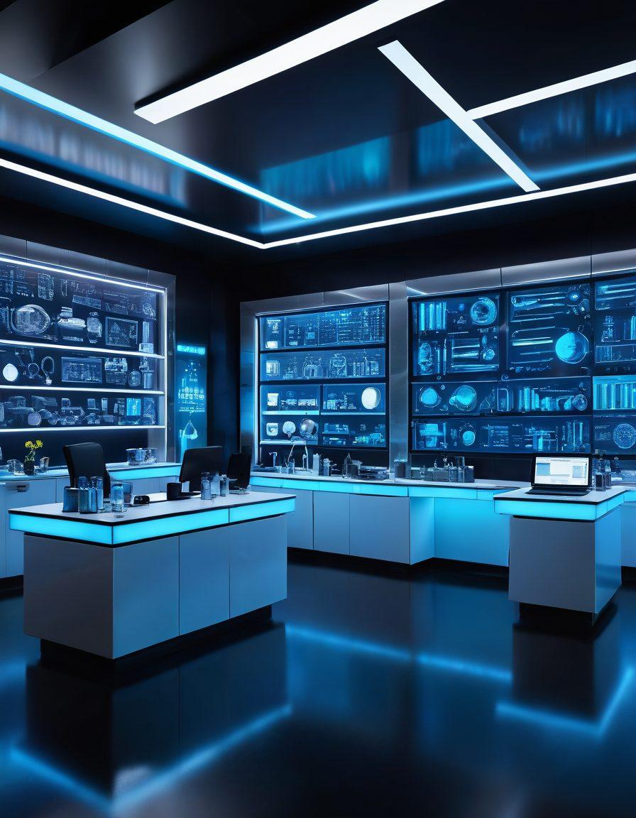 A futuristic laboratory setting with sleek, high-tech counters and glowing equipment, showcasing scientists in lab coats meticulously working on functional formulation projects. Incorporate holographic displays of molecular structures and a blueprint of advanced materials on the wall, symbolizing innovation and strong foundations. The atmosphere should blend bright neon colors with metallic textures, evoking a sense of cutting-edge technology and creativity. science fiction. vibrant colors. ultra-modern. 3D.