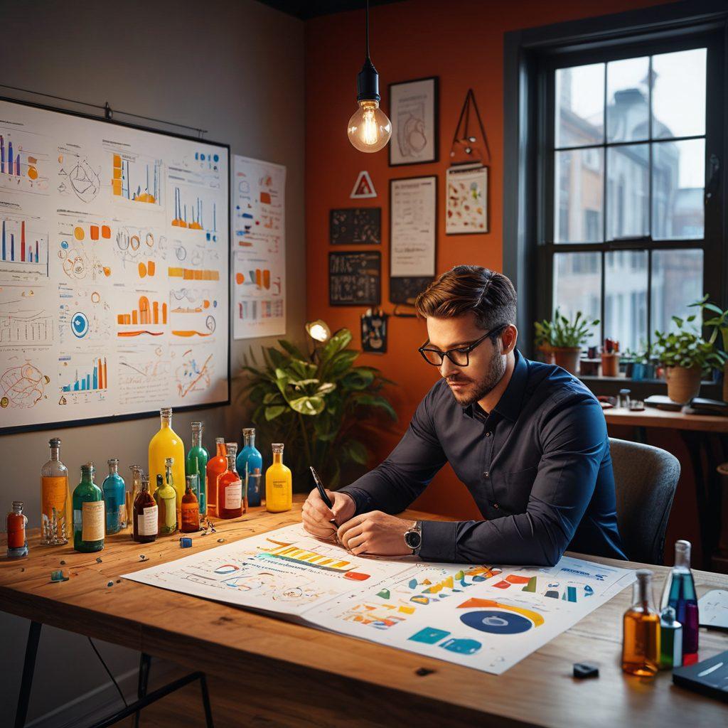 A dynamic workspace filled with innovative tools and colorful bottles representing different functional formulations. A focused individual, surrounded by floating symbols of concentration like light bulbs and gears, with bright, vibrant colors highlighting the atmosphere of creativity. Charts and diagrams in the background exhibit the journey of innovation. super-realistic. vibrant colors. 3D.